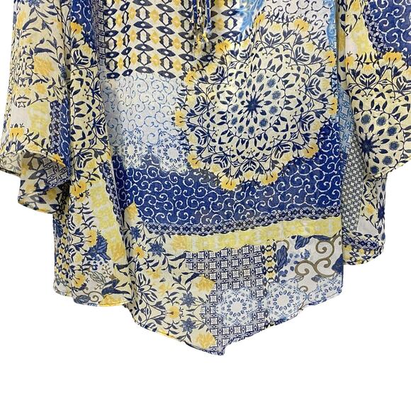 One World Live and Let Live Blouse Plus Sz 3X Blue Yellow Sheer 3/4 Sleeve Boho - Picture 7 of 12